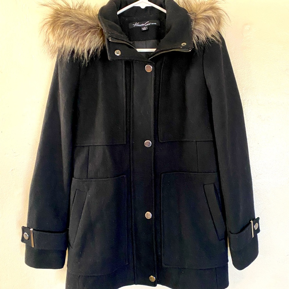 Kenneth Cole Women's Black Wool Fur Hood Trim Winter Coat Jacket, Size Small